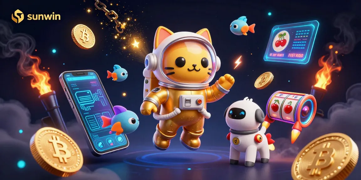 Engage in thrilling gaming action at sunwin with colorful slot reels and crypto elements surrounding characters.